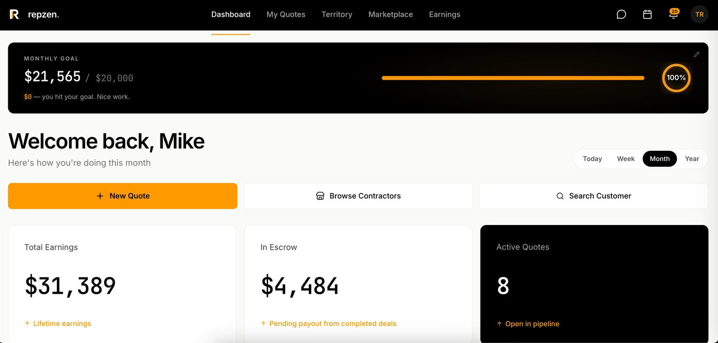 Repzen dashboard — goal, pipeline, payouts