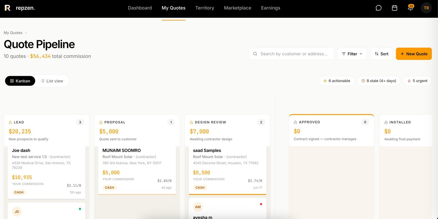 Repzen quote pipeline — kanban
