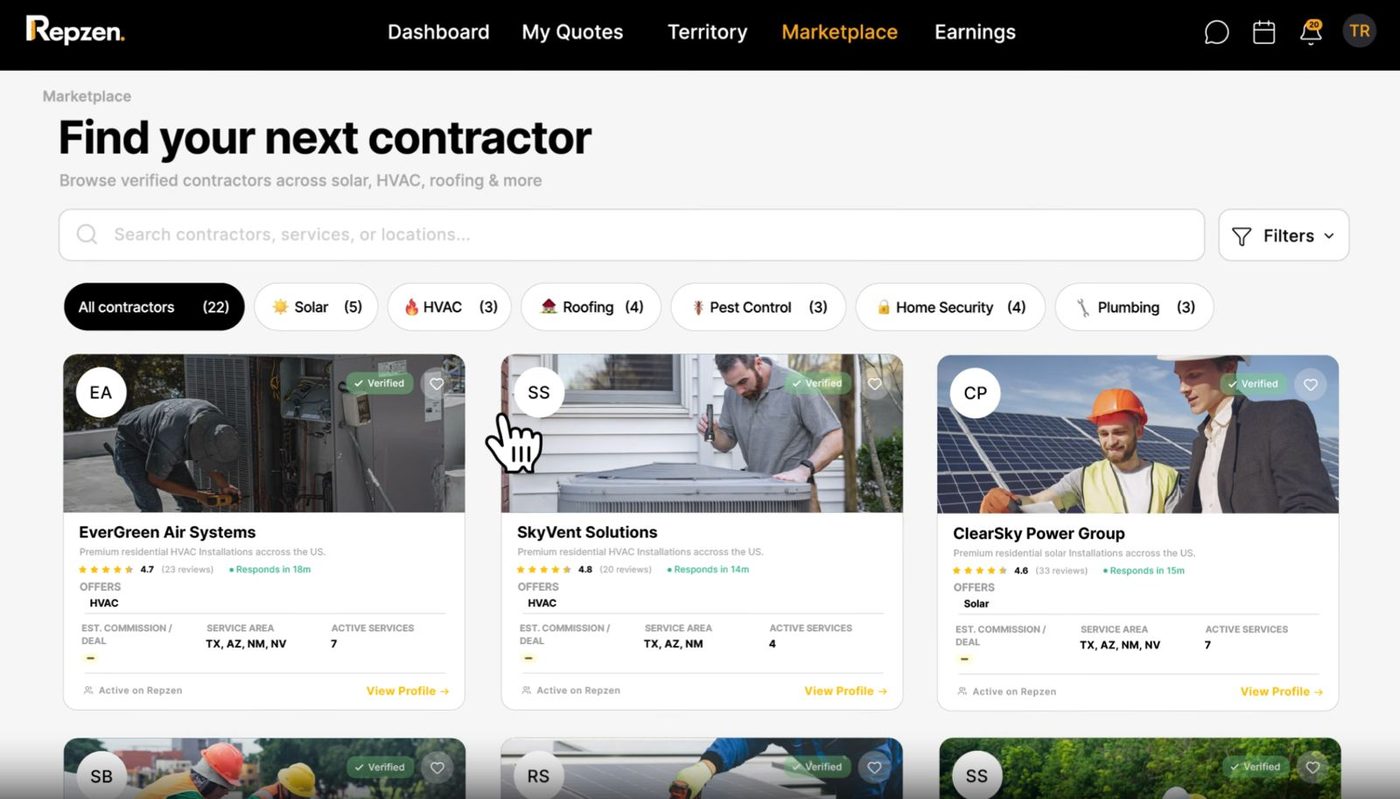 Repzen marketplace — find your next contractor